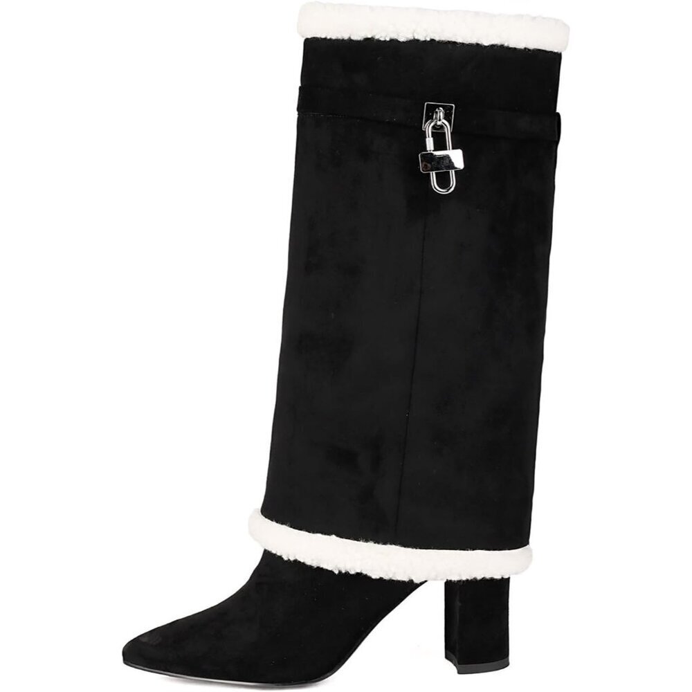Women's Black Pull On Mid Calf Pointed Toe Chunky Heel Fur Collar Winter Boots